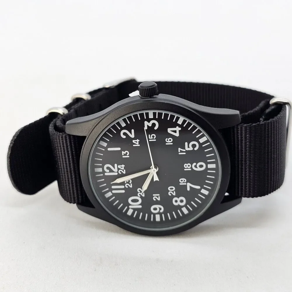 Men's Field Watch 42MM Black Case‎ Black Dial Black Canvas Band Strap NewBattery